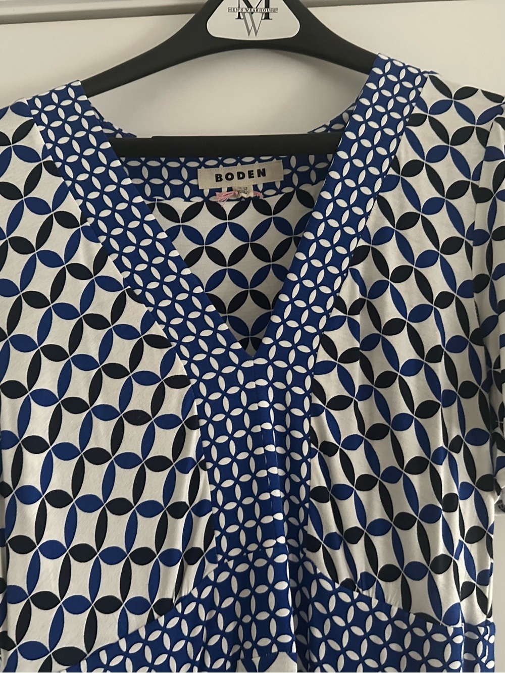Size 6Boden Blue & White Geometric V-Neck dress. Perfect for hot summer nights